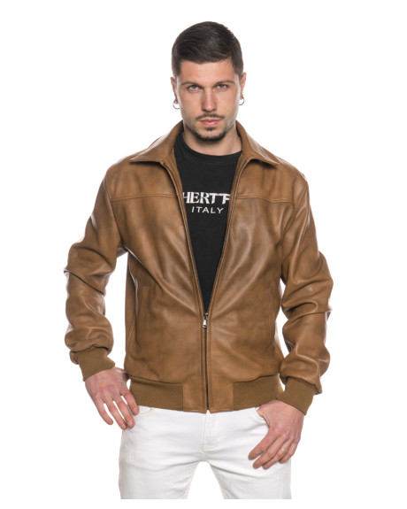 Men's Light Brown Leather Bomber Jacket - Fonzie | Leather Trend 2