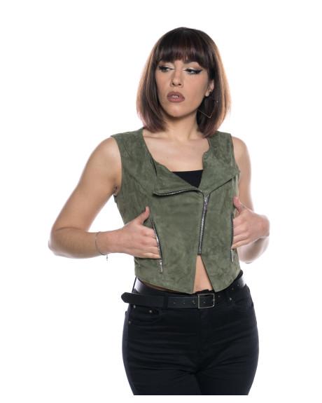 Elena Bis - Women's Vest Sleeveless in Genuine Green Suede Leather 100% made in Italy