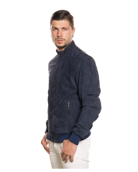 Men's Dark Blue Suede Bomber Jacket – Victor | Leather Trend 2