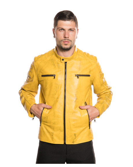 Men's Yellow Buffed Leather Biker Jacket – U05 | Leather Trend