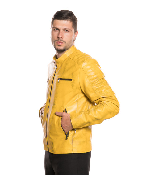 Men's Yellow Buffed Leather Biker Jacket – U05 | Leather Trend 2