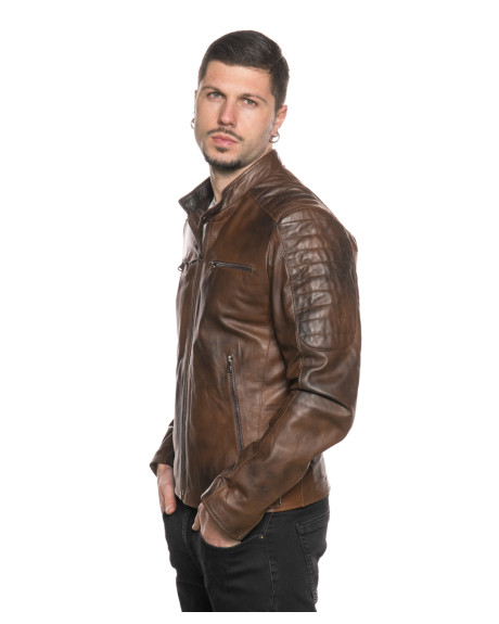 Men's Brown Leather Biker Jacket – U05 | Leather Trend 2