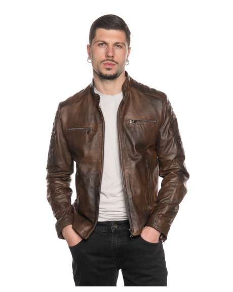 Men's Brown Leather Biker Jacket – U05 | Leather Trend 2