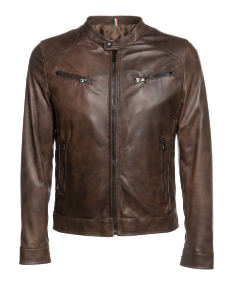 Giacca In Pelle Uomo - Blouson Con Cerniera E Risvolto, Manica Lunga, Stile Classico