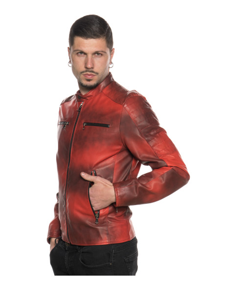 Men's Red Buffed Leather Biker Jacket – U05 | Leather Trend 2
