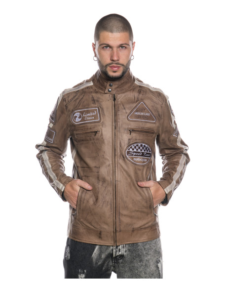 Man's leather jacket mod. biker in genuine Brown leather 100% made in Italy