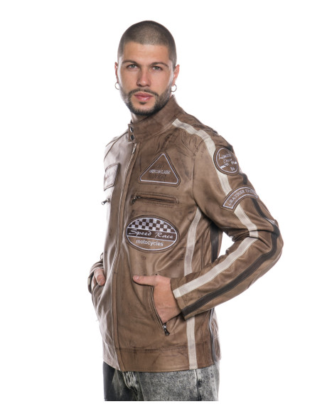 Man's leather jacket mod. biker in genuine Brown leather 100% made in Italy 2