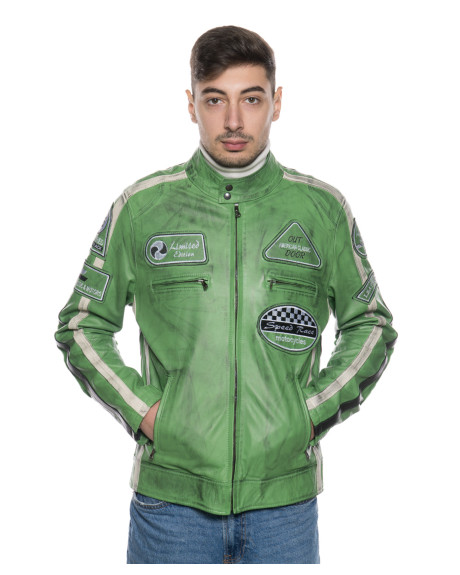 Biker in Pelle da Uomo Verde Kawasaki – Axel | Leather Trend