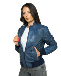 Women's Blue Leather Bomber Jacket - Vittoria | Leather Trend