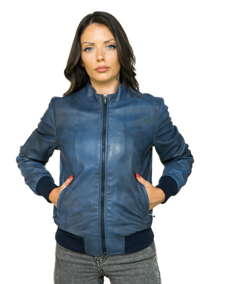 Women's Blue Leather Bomber Jacket - Vittoria | Leather Trend
