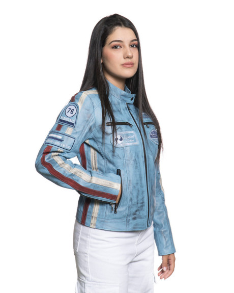 Biker in pelle donna mod. Motociclista Donna Azzurro Tamponato in vera pelle 100% made in Italy