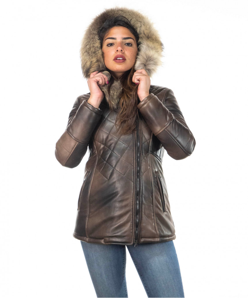 Ivette - Women's Down Jacket in Genuine Dark Brown Leather