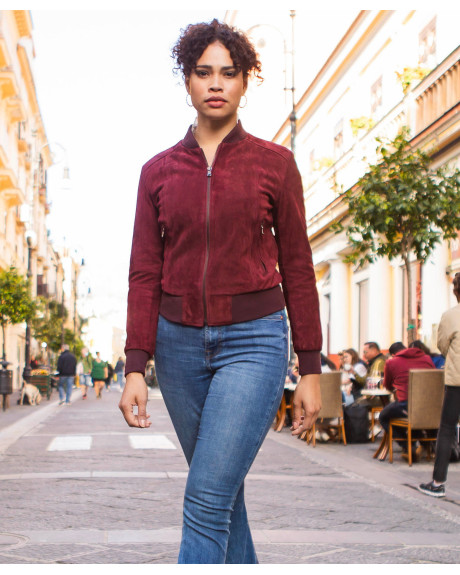 Women's Bordeaux Suede Leather Bomber Jacket | Leather Trend