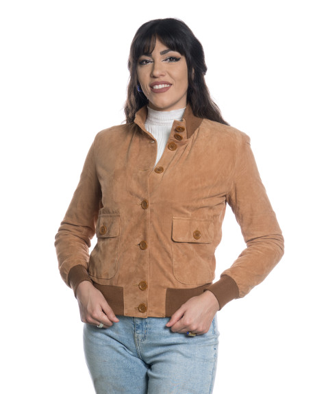 Giacca in camoscio Donna mod. Polo Bis miele chiaro in vera pelle scamosciata 100% made in Italy