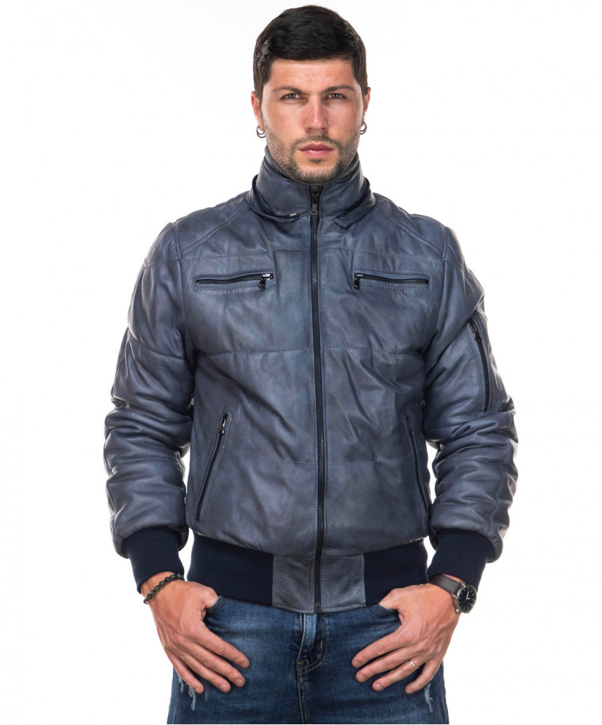 Boston - Men's Down Jacket in Genuine Blue Leather