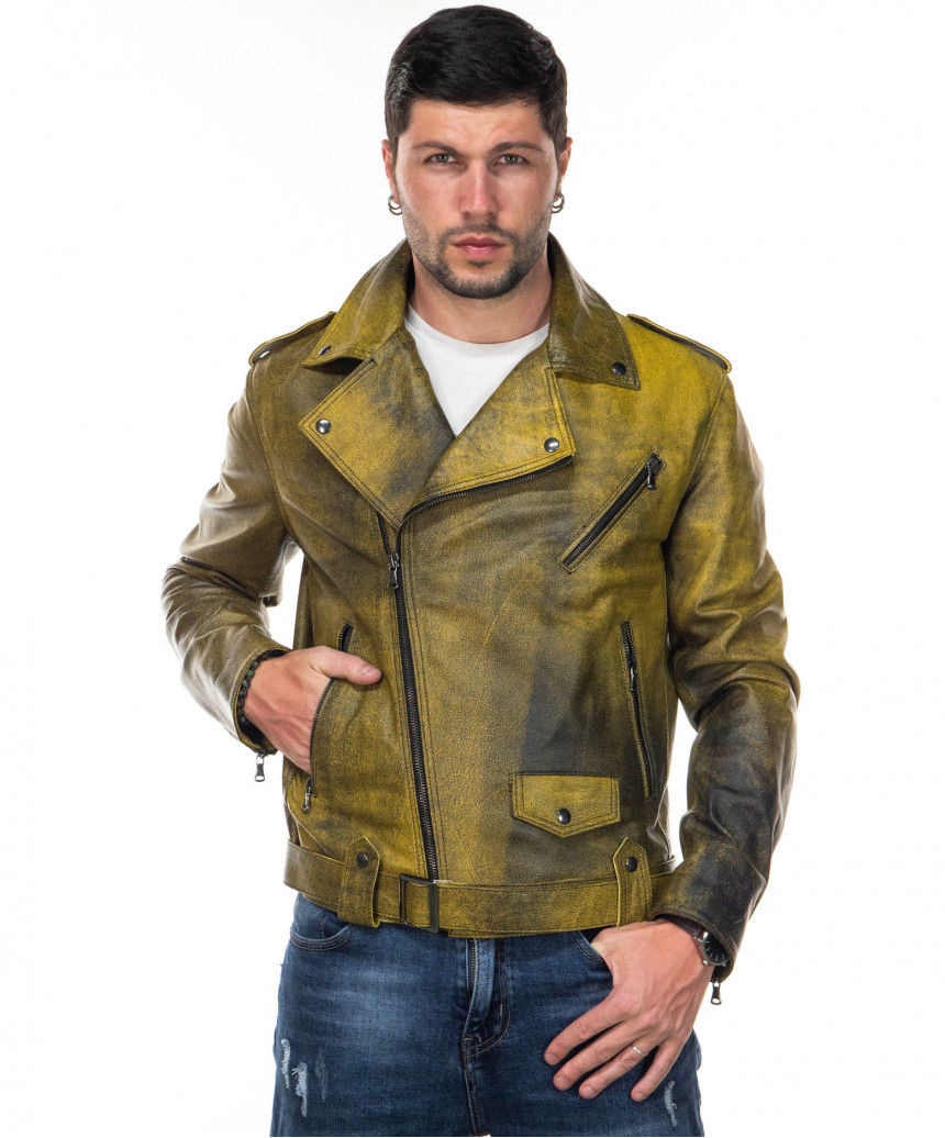 Perfecto Three Pockets - Men's jacket in Genuine Vintage Yellow Leather