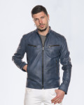 Men's Blue Leather Biker Jacket - U06 | Leather Trend