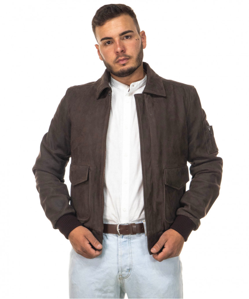 Pilota - Men's Bomber Jacket in Genuine Dark Brown Nabuk Leather