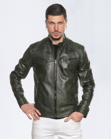 Men's Green Leather Biker Jacket - U06 | Leather Trend