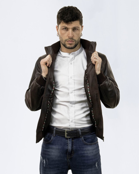 Men’s Dark Brown Leather Bomber Jacket - Marcello | Leather Trend 2