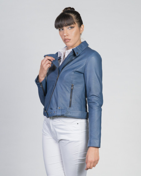 Women's Blue Perfecto Leather Jacket | Leather Trend 2