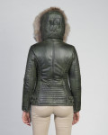 Woman down jacket with hood mod. Giorgia in genuine green leather 100% made in Italy