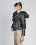 Woman down jacket with hood mod. Lasmara in genuine Black leather 100% made in Italy