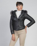 Woman down jacket with hood mod. Lasmara in genuine Black leather 100% made in Italy