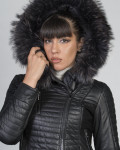 Woman down jacket with hood mod. Lasmara in genuine Black leather 100% made in Italy