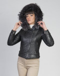 Woman down jacket with hood mod. Lasmara in genuine Black leather 100% made in Italy