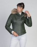 Woman down jacket with hood mod. Lasmara in genuine Green leather 100% made in Italy