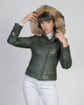 Piumino donna con cappuccio mod. Lasmara Verde in vera pelle 100% made in Italy