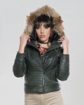 Woman down jacket with hood mod. Lasmara in genuine Green leather 100% made in Italy