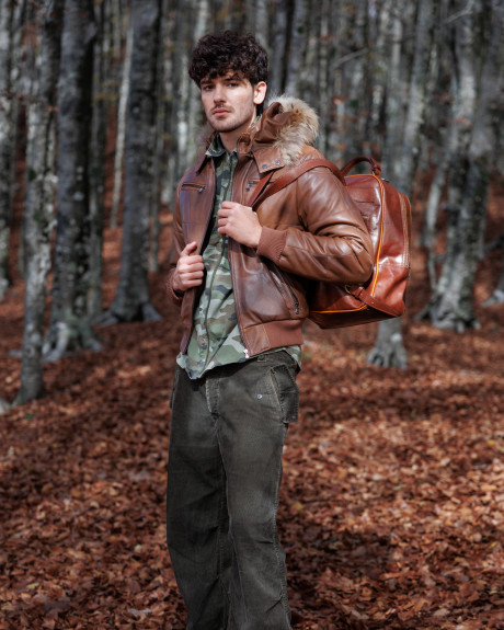 Men's down jacket mod. Boston in genuine brown leather 100% made in Italy 2