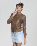 Women's Light Brown Leather Bomber Jacket - Roxie | Leather Trend