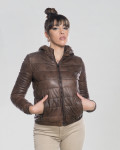 Woman down jacket with hood mod. Florida in genuine dark brown leather 100% made in Italy