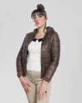 Woman down jacket with hood mod. Florida in genuine dark brown leather 100% made in Italy