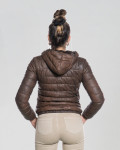 Woman down jacket with hood mod. Florida in genuine dark brown leather 100% made in Italy