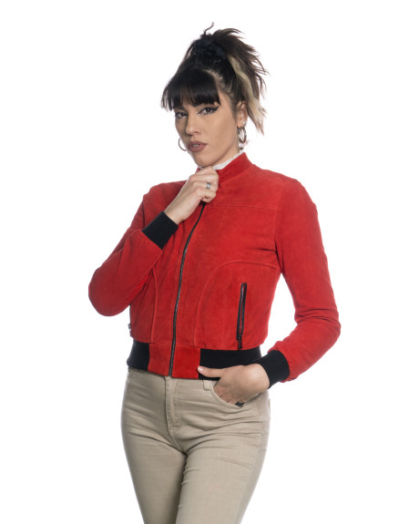 Giacca in camoscio Donna mod. Bomber Timberly Rosso in vera pelle scamosciata 100% made in Italy 2