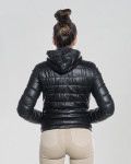 Woman down jacket with hood mod. Florida in genuine black leather 100% made in Italy