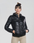 Woman down jacket with hood mod. Florida in genuine black leather 100% made in Italy