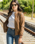 Women's Light Brown Leather Bomber Jacket - Vittoria | Leather Trend