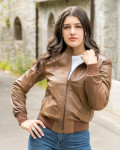 Women's Light Brown Leather Bomber Jacket - Vittoria | Leather Trend