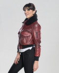 Women's Bordeaux Leather and Shearling Bomber Jacket | Leather Trend