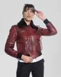 Women's Bordeaux Leather and Shearling Bomber Jacket | Leather Trend