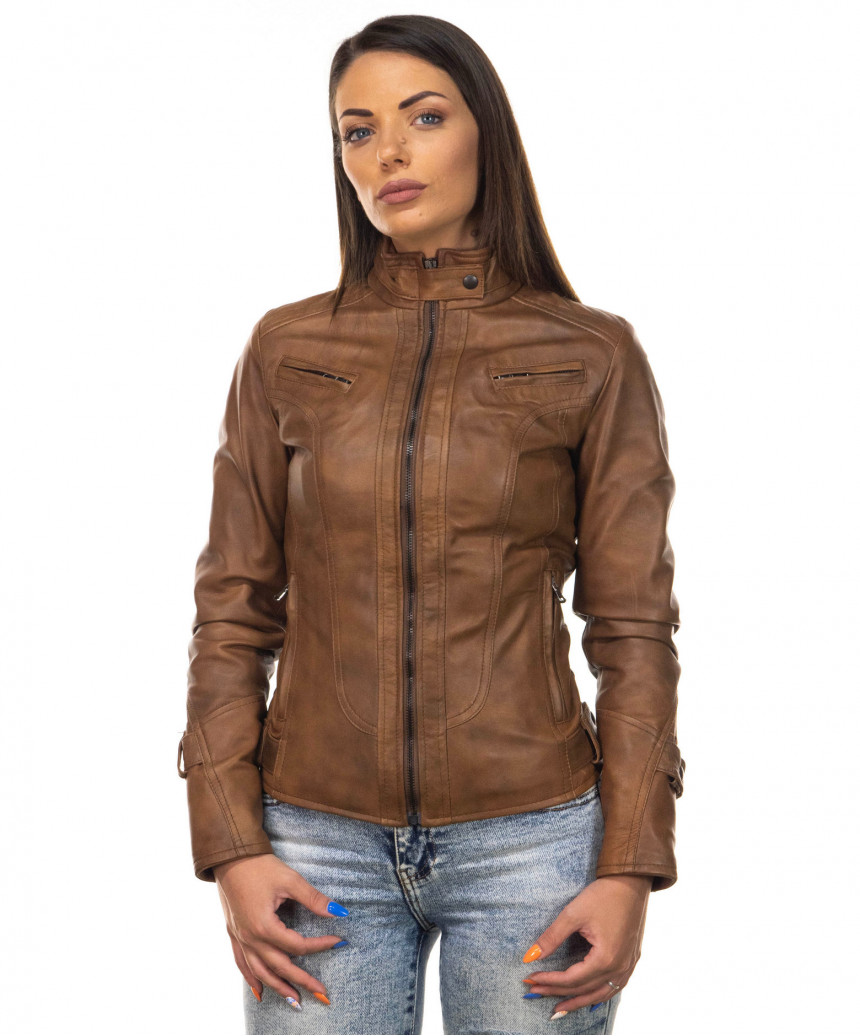 V173 - Women's Biker Jacket in Genuine Brown Leather