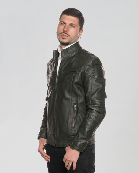 Men's Green Leather Biker Jacket - Attila | Leather Trend 2
