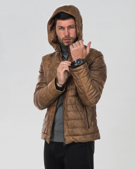 Men's Light Brown Leather Down Jacket - Rio | Leather Trend 2