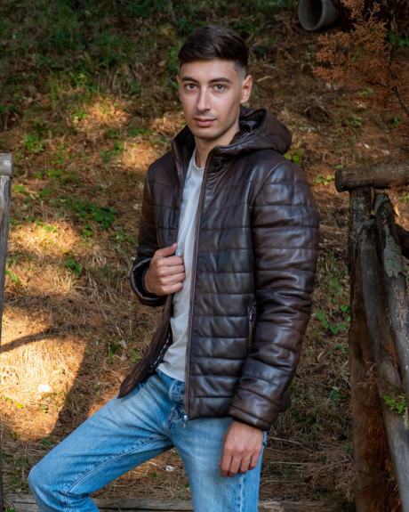 Men's Dark Brown Leather Down Jacket - Rio | Leather Trend 2