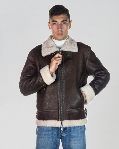 Man's Dark Brown Smooth effect jacket in real Shearling 100% made in Italy